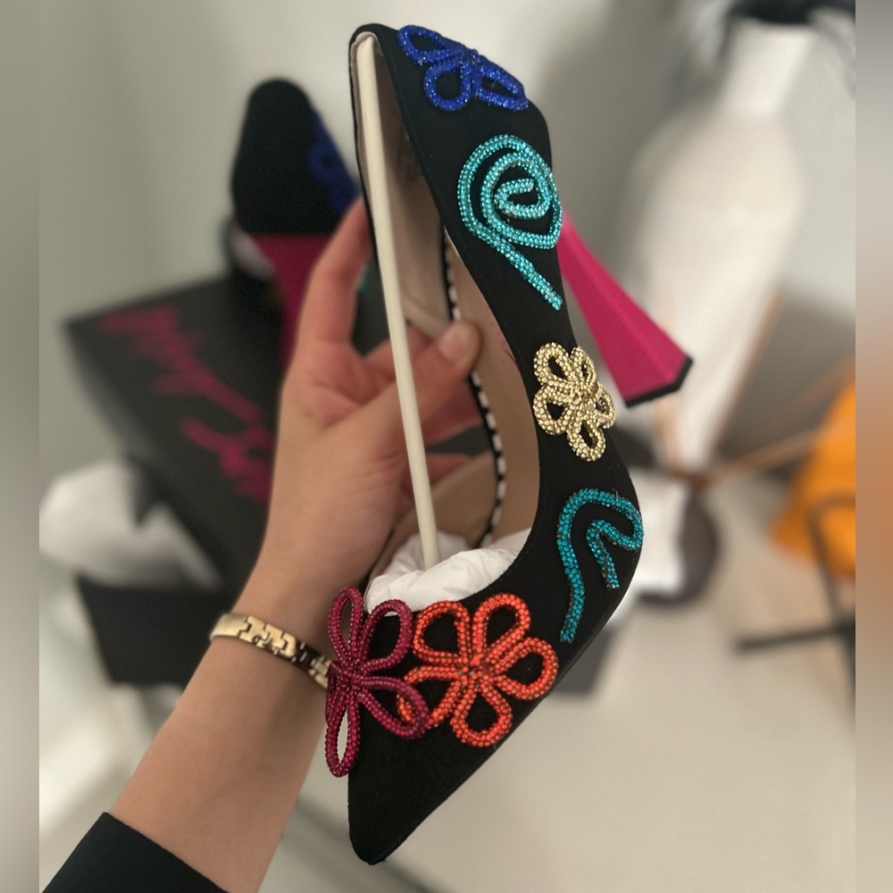 Betsey Johnson Black Heels with Multicolor Floral Accents